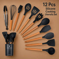 12 Pcs Silicone Cooking Utensils Set with Wooden Handles & Storage Holder – Heat Resistant Non-stick Kitchen Tools
