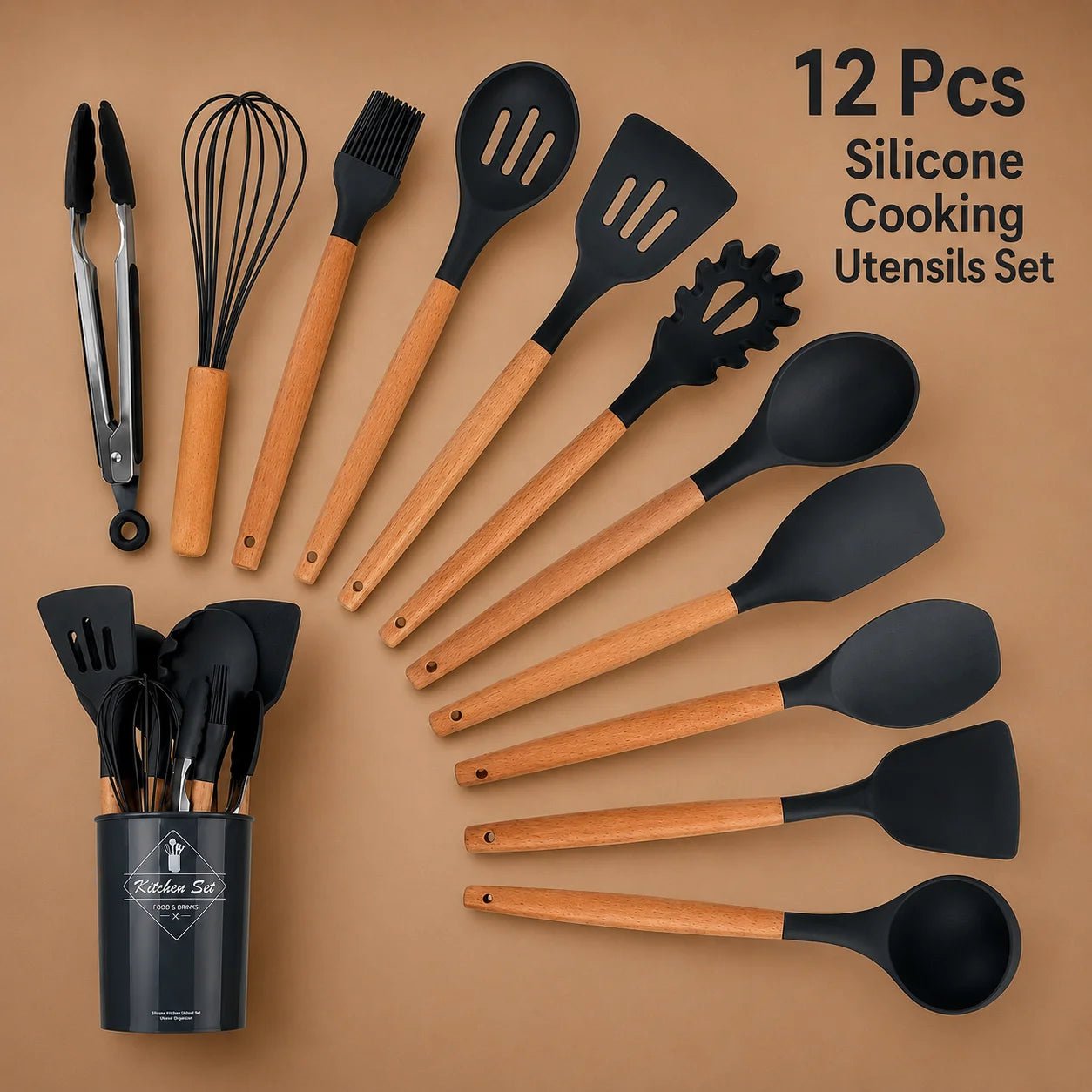 12 Pcs Silicone Cooking Utensils Set with Wooden Handles & Storage Holder – Heat Resistant Non-stick Kitchen Tools