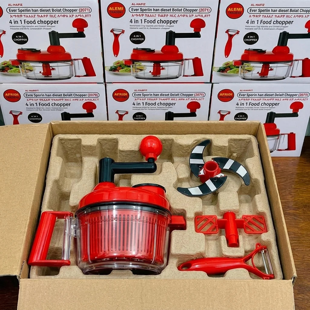 4 in 1 Manual Food Chopper, Salad Maker, Egg Whisker & Vegetable Peeler