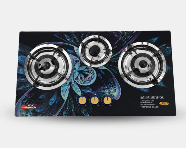 Kenwood Kitchen Glass Hob Metallic Burner | 8mm 3D Tempered Glass Gas Hob, Metal Stand & Auto Ignition